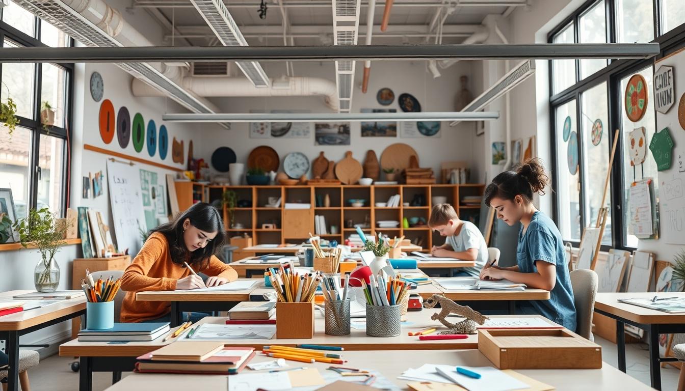 Students studying together in modern classroom
